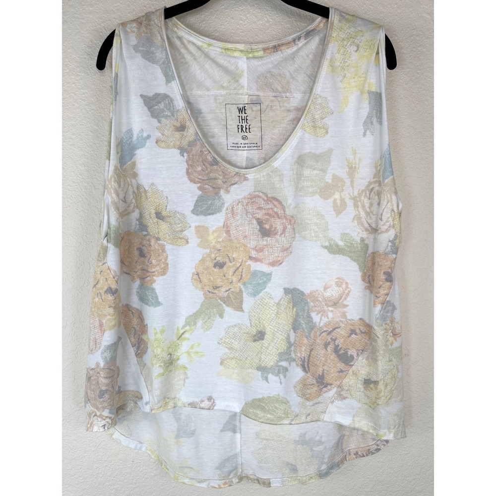We The Free Floral High Low Swing Tank XS Oversized Muscle Top Boho Cottage